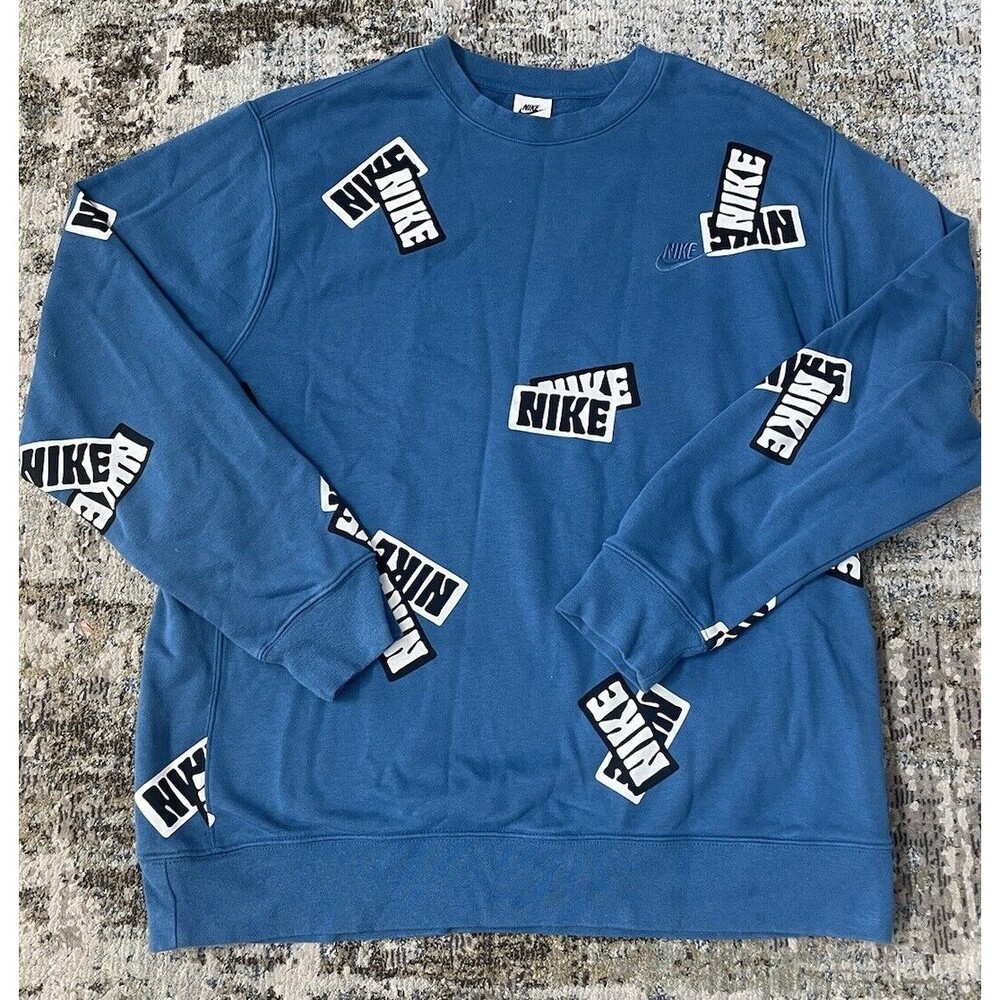 Nike Sports Essentialls All Over Sticker Print Sweatshirt Mens XL Blue